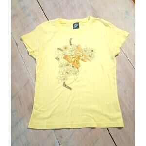 GIRLS 14 Butterfly & Flowers Beaded Embossed Yellow 100% Cotton Tee Shirt